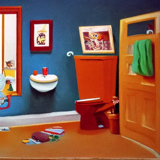 Image similar to photograph of a toilet. the toilet is covered in a painting by richard scarry