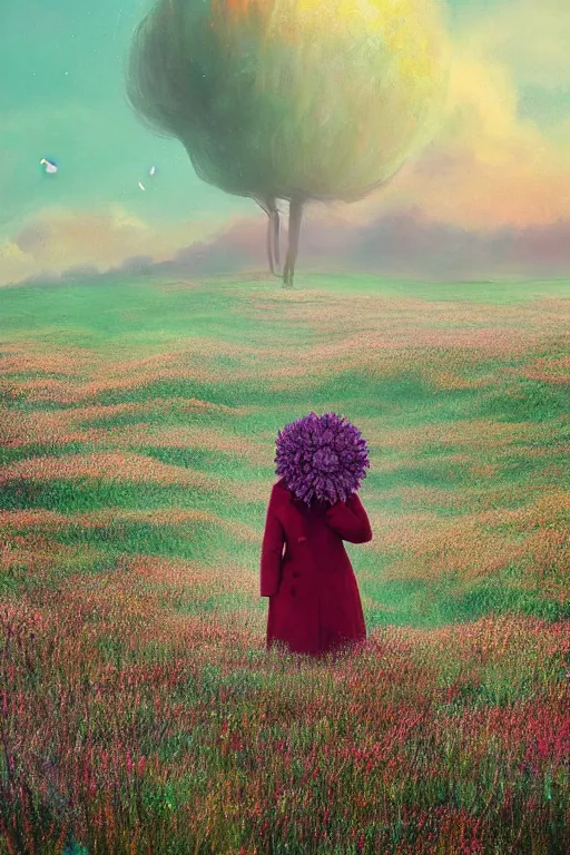 Prompt: portrait, giant flower head, a girl wearing coat in heather field, surreal photography, wind and cold, dramatic sky, impressionist painting, digital painting, artstation, simon stalenhag
