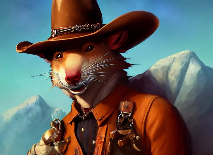 Image similar to character portrait feature of the anthro male anthropomorphic rat fursona wearing cowboy outfit wild west desperado character design stylized by charlie bowater, ross tran, artgerm, makoto shinkai, detailed, soft lighting, rendered in octane