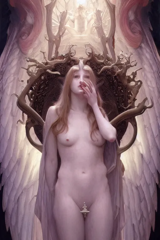 Image similar to Portrait of beautiful pale demonic angelic girl with devil\'s horns and nimbus, cinematic lighting, intricate, elegant, highly detailed, digital painting, artstation, smooth, sharp focus, illustration, art by artgerm and greg rutkowski and alphonse mucha and Wayne Barlowe and william-adolphe bouguereau