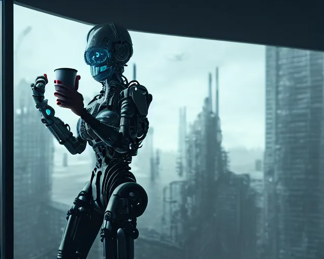 Image similar to portrait of an armored female with biomechanical cybernetic body who is drinking coffee near a window looking outside with dystopian city visible outside. very detailed 8 k. cyberpunk fantasy style. unreal engine render. global illumination. nanite. rtx. path tracing.