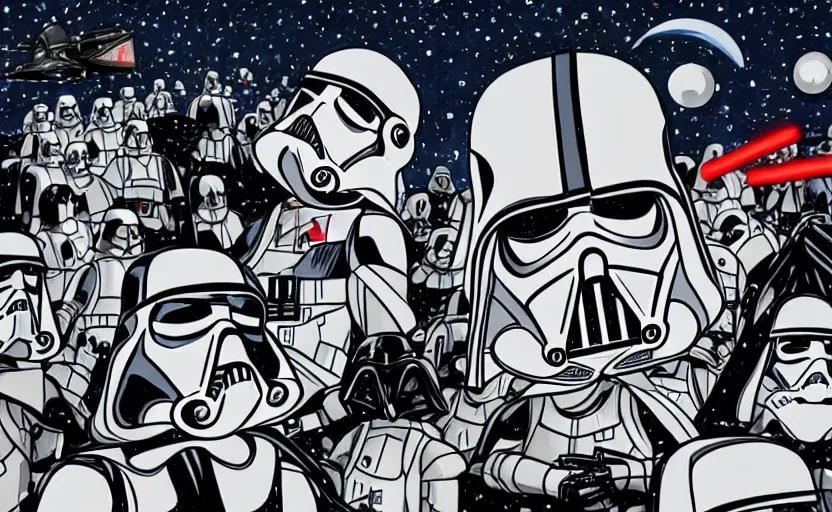 Image similar to darth vader on the death star surrounded by storm troopers and tie fighters, in the style of studio ghibli