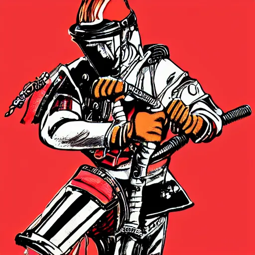 Image similar to An illustration of a mechanical punk motorcyclist carrying a samurai sword , on a red background, by matt griffin