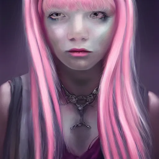 Prompt: a fantasy portrait of a girl with pink pigtails and a silver tongue, trending on artstation, gloomy atmosphere