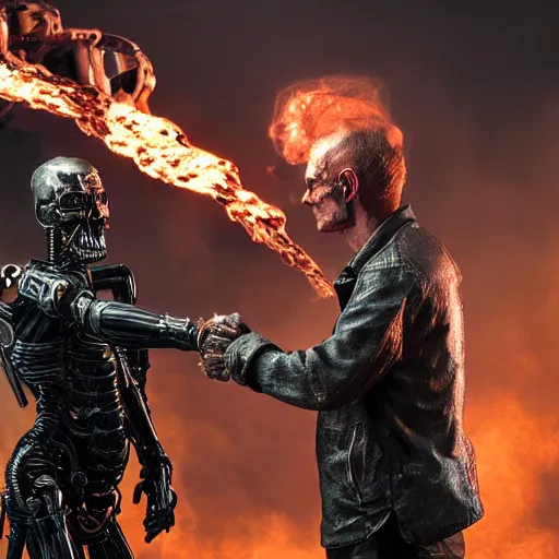 Image similar to apocalyptic, amagician shaking the hand of the terminator. they are best friends. smoke. volumetric lighting, sharp focus, ultra detailed, cgsociety - w 1 0 2 4 - n 8 - i