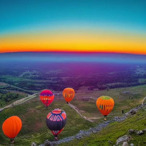 Prompt: panoramic picture taken with a wide angle lens from the top of a high mountain. hundreds of brightly coloured hot air balloons are floating in the sky. picture taken at sunset. simon stalenhag style, extremely detailed scenic, impressive lighting