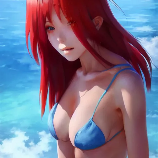 Image similar to red haired anime girl in a bikini, ultra detailed, very beautiful face, 8 k resolution, by greg rutkowski, wlop, hayao miyazaki