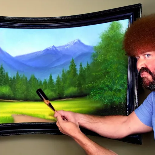 Image similar to a closeup photorealistic photograph of bob ross crafting an image of kenny powers autographing a baseball, painting on a canvas. mountains and trees. film still. brightly lit scene. this 4 k hd image is trending on artstation, featured on behance, well - rendered, extra crisp, features intricate detail, epic composition and the style of unreal engine.