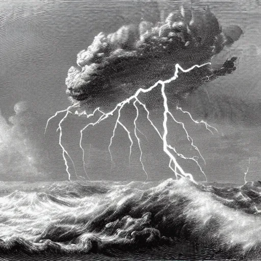 Image similar to drawing of large pepe the frog fighting lightning storm above a stormy ocean, by gustave dore, nineteenth century, black and white, vintage, science fiction, epic composition, dramatic lighting, highly detailed.