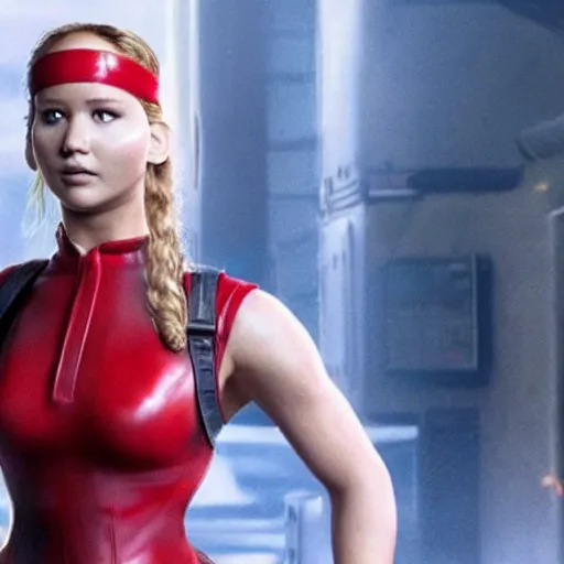 Prompt: Jennifer Lawrence staring as Cammy in Street Fighter 2029 movie