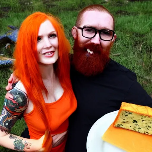 Prompt: an attractive slender woman with red orange hair and a man with a dark beard and tattoos are very happy amongst cheese and lizards