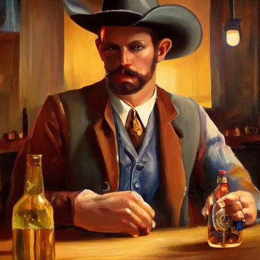 Prompt: modern stylized oil painting portrait of cowboy at table with bottle in western saloon, 1890, masterpiece, realistic and detailed, artstation, interesting artificial spotlight lightning, cinematic, dramatic