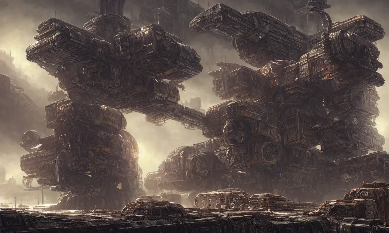 Image similar to a beautiful highly detailed matte painting of a huge derelict cargo starship, Space Hulk, WarHammer 40k by Jose Daniel Cabrera Pena and Leonid Kozienko, concept art