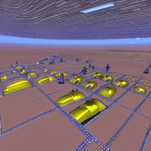 Image similar to a technical blueprint, voxel based world, space mining station on the surface of mars, myriad of interconnected yellow drop pod structures, connected via tubes