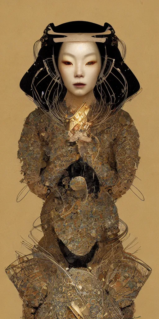 Image similar to portrait of a futuristic geisha, kintsugi, fractal, intricate, elegant, highly detailed, digital photography, subsurface scattering, by jheronimus bosch and greg rutkowski,