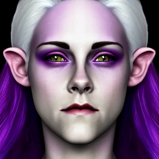Image similar to Purple skinned Kristen Stewart as a smiling Elf wizard with white hair. majestic purple skin, Photorealistic digital art trending on artstation, artgem, 4k HD.