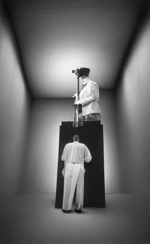 Prompt: a cia analyst in an isolation chamber practicing remote viewing, noir, dramatic, low - angle shot, 1 2 0 mm film, medium format, rolleiflex, ektachrome, studio lighting, mystical, paranormal, shot by platon