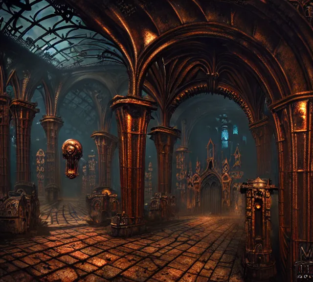 Image similar to steam necropolis, memento mori, gothic, neo - gothic, art nouveau, hyperdetailed copper patina medieval icon, stefan morrell, philippe druillet, ralph mcquarrie, concept art, steampunk, unreal engine, detailed intricate environment, octane render, moody atmospherics, volumetric lighting, ultrasharp, ominous, otherworldly