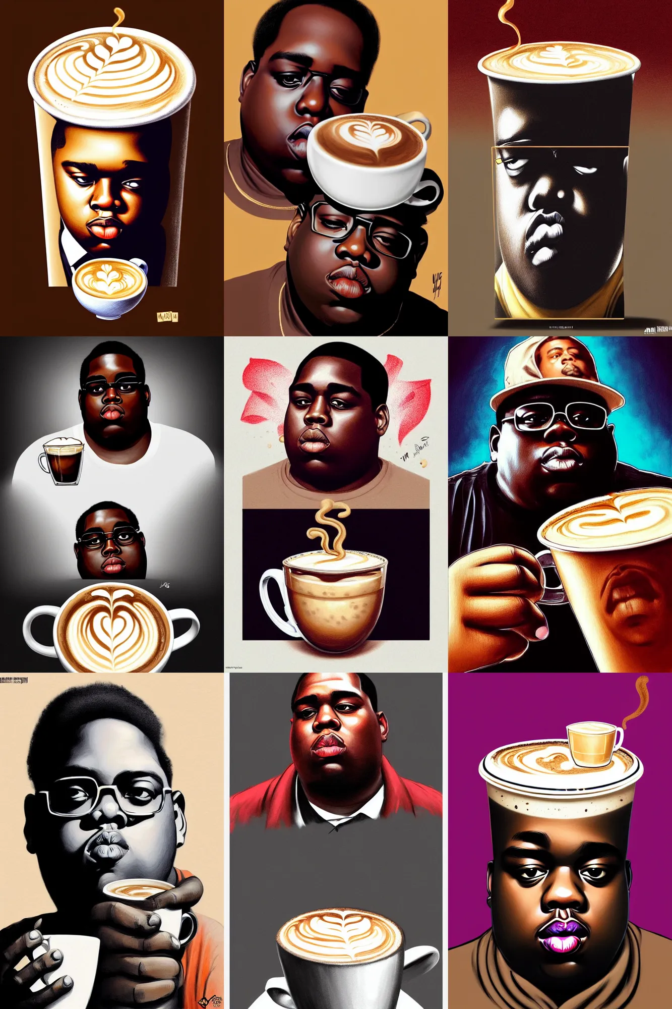 Prompt: the notorious b. i. g. as a latte artwork in a cup of coffee, animation pixar style, shaded lighting poster by magali villeneuve, artgerm, jeremy lipkin and michael garmash, rob rey and kentaro miura style, trending on art station