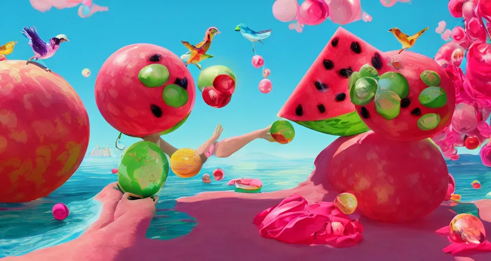 Image similar to A beautiful artwork illustration, detailed, bubbly, watermelon, sodapop, beach, jolly ranchers, birds, diamonds, girls, subsurface scattering, cartoon-y, featured on Artstation, wide angle, horizontal orientation, very coherent, cinematic, high detail, octane render, 8k