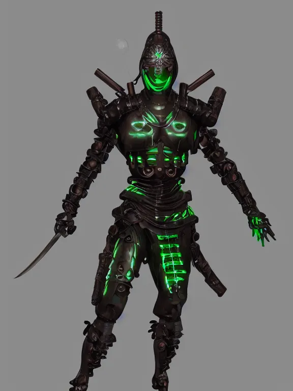 Image similar to full body front view portrait of natural, biocyborg ninja samurai, character design, made in blender, octane render, ray tracing, ultra detailed, fantasy, neon lighting, posing,