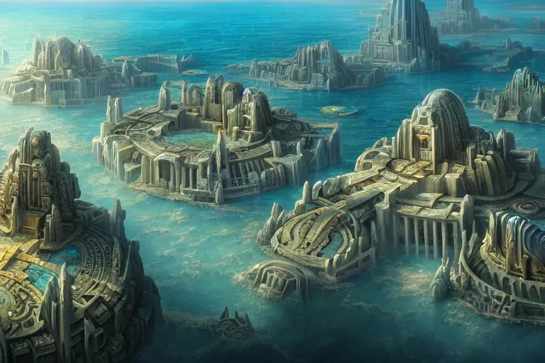 Image similar to a beautiful complex insanely detailed matte painting of the futuristic ancient city of Atlantis by Heironymous Bosch!!!!!!!, by James Gurney and Tyler Edlin, 4k, trending on artstation, aerial view