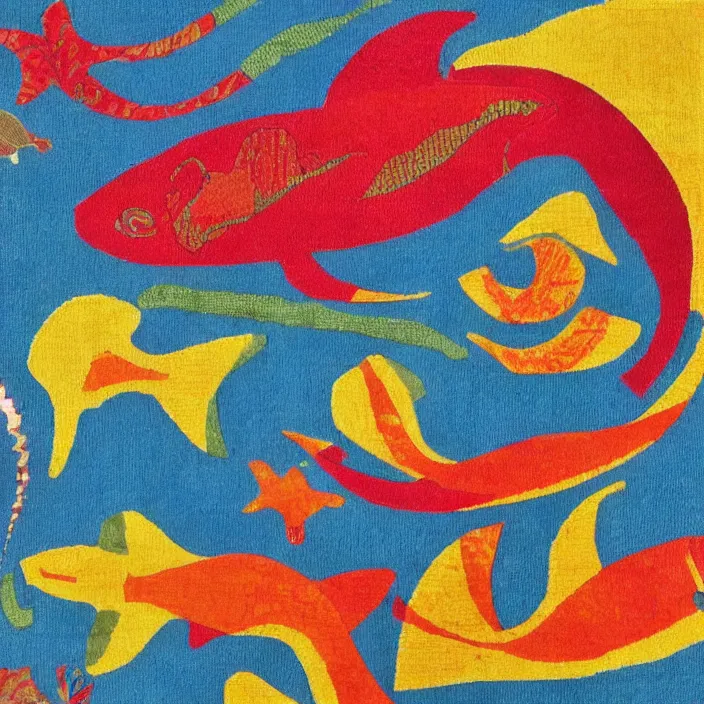 Prompt: different exotic fish. intricate textile carpet by olexandr archipenko