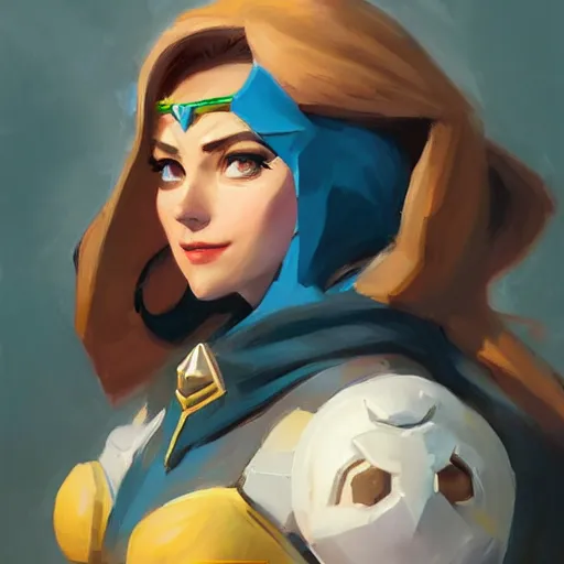 Image similar to greg manchess portrait painting of zelda as overwatch character, medium shot, asymmetrical, profile picture, organic painting, sunny day, matte painting, bold shapes, hard edges, street art, trending on artstation, by huang guangjian and gil elvgren and sachin teng