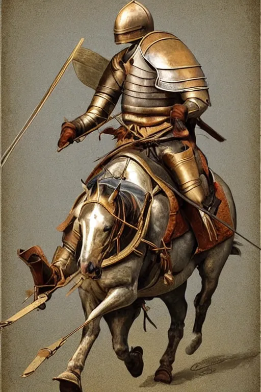 Image similar to ( ( ( ( ( ( ( a knight riding a horse with wagon wheels ) ) ) ) ) ) ) by chris mcgrath and greg rutowski and wlop!!!!!!!!!!!!!! muted colors, detailed