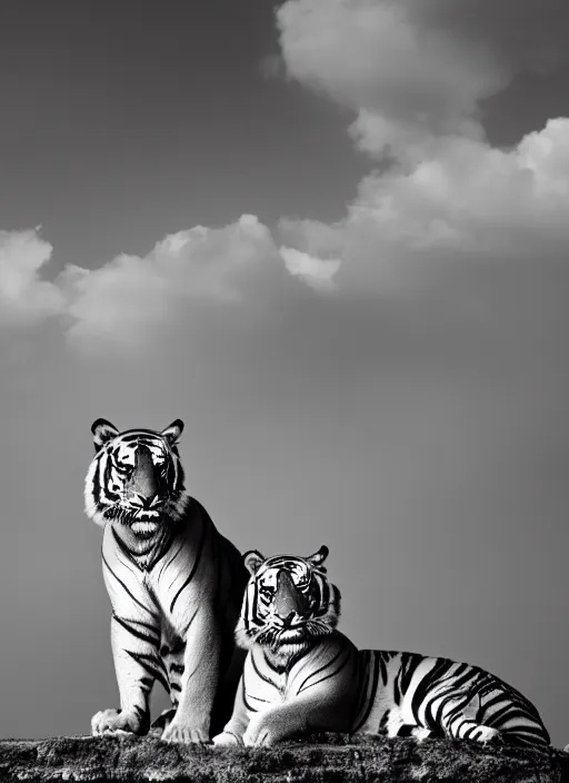 Image similar to two tigers black and white portrait white sky in background