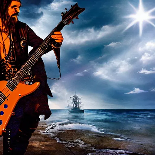 Image similar to rock album cover of a pirate playing an electric guitar onboard his ship