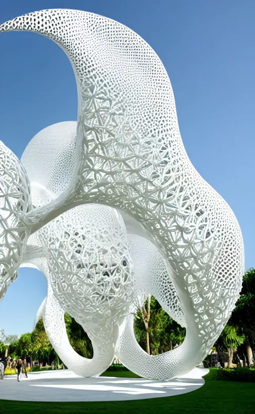 Image similar to elegant white art 3 d printed parametric installation with playful surreal tall lemon groves, beautiful sunny day, fluidity, vincent callebaut, mamou - mani, innovative voronoi pavilion with huge white magnolias above