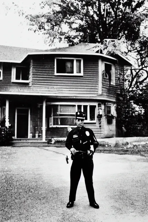 Image similar to a 5 0's police officer in front of the house, residential neighborhood