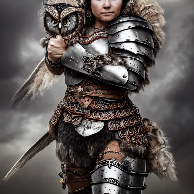 Image similar to full body photo of a beautiful cute strong warrior queen wearing owl armour, highly detailed, 8 k, hdr, smooth, sharp focus, high resolution, award - winning photo