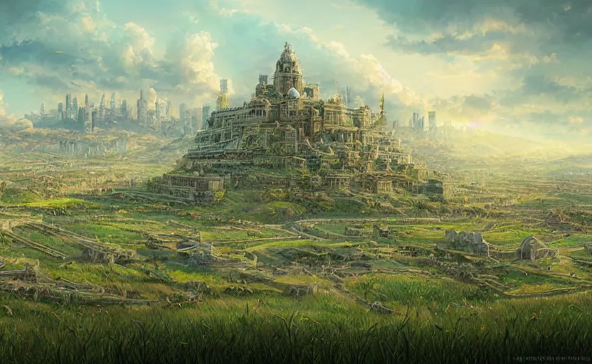 Prompt: an ancient cylindrical multitiered city rising from a rolling grassland and fields, fantasy digital painting, stunning intricate details, artwork by ross tran, artgerm