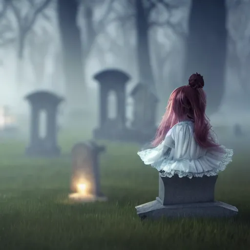 Image similar to an ethereal child's doll wearing victorian clothing and a sinister expression, sitting on a headstone in a cemetery, plague, fireflies, octane render, hypperreal, moody, cinematic composition, cinematic lighting, eerie, gothic, 8 k, hyper details, unreal engine, octane render