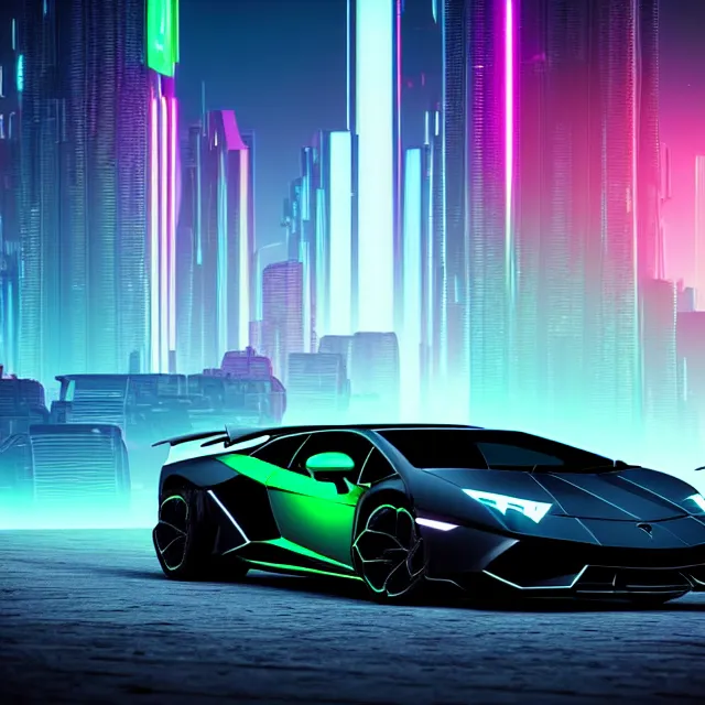 Prompt: epic digital art of photorealistic synthwave lamborghini driving through futuristic very dark hard edged city towers with thin glowing neon edges from tron movie, faint tall mountains in background, wlop, pixiv, by beeple