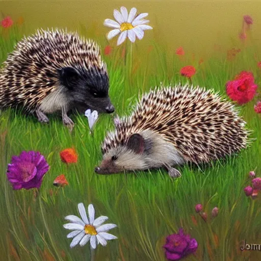 Image similar to masterpeice painting of baby hedgehogs sleeping in flowers by james gurney