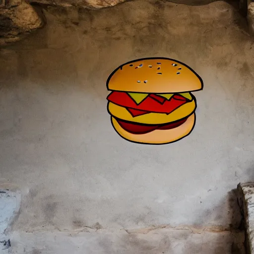 Prompt: Hamburger painted on a wall inside a cave