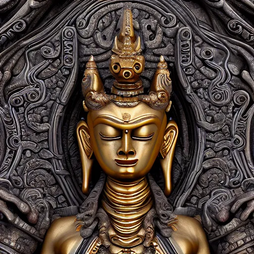 Image similar to naraka buddhist demon korean female, highly detailed, symmetrical long head, smooth marble surfaces, detailed ink illustration, raiden metal gear, cinematic smooth stone, deep aesthetic, concept art, post process, 4 k, carved marble texture and silk cloth, latex skin, highly ornate intricate details, in the style of 8 8 grzes