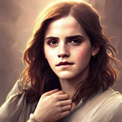 Prompt: portrait painting of a emma watson, ultra realistic, concept art, intricate details, eerie, highly detailed, photorealistic, octane render, 8 k, unreal engine. art by artgerm and greg rutkowski and alphonse mucha