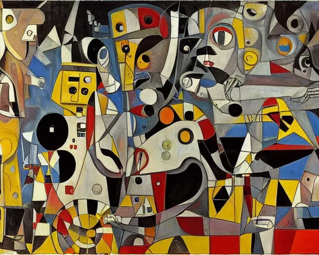 Image similar to a painting of guernica with robots from star wars by graham sutherland, egon schiele, gustav klimt, joan miro, basquiat, expressionism