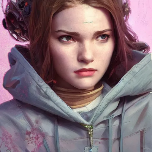 Image similar to character portrait of a 1950s girl in a hoodie, dystopian cyberpunk steampunk mood, intricate, wild, highly detailed, digital painting, artstation, upper body, concept art, smooth, sharp focus, illustration, art by artgerm and greg rutkowski and alphonse mucha