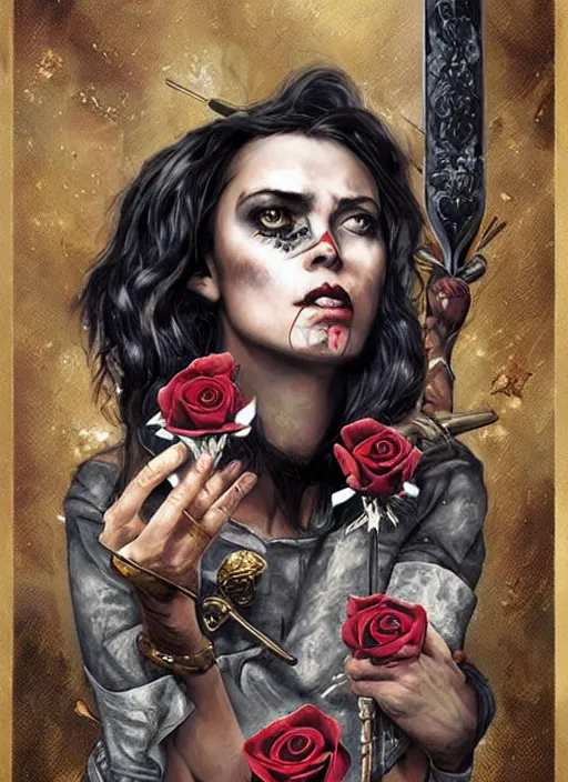 Prompt: tarot card :: horror :: hearts and roses :: gold and silver :: guns and swords :: by Sandra Chevrier and bastien lecouffe deharme