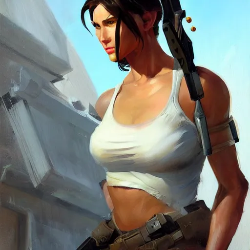 Prompt: greg manchess portrait painting of partially armored lara croft as overwatch character, medium shot, asymmetrical, profile picture, organic painting, sunny day, matte painting, bold shapes, hard edges, street art, trending on artstation, by huang guangjian and gil elvgren and sachin teng