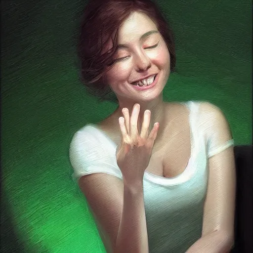 Image similar to epic masterpiece of cinematographic hyperrealism where a happy woman appears using her phone the color of the phone screen is green, the background of the image is white. realistic shaded lighting poster by craig mallismo, artgerm, jeremy lipkin and michael garmash, unreal engine, radiant light, detailed and intricate environment, digital art, art station trends