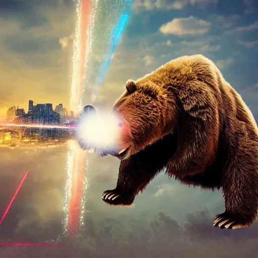 Image similar to a giant angry bear releasing laser by the hands attacking the city, photomanipulation, photoshop, digital art