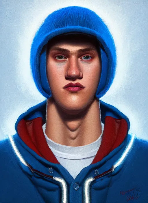 Image similar to portrait of high school senior boy named big moose, blonde short hair, jock, beefy, wide face, square jaw, square facial structure, blue varsity jacket with letter r, intricate, elegant, glowing lights, highly detailed, digital painting, artstation, concept art, sharp focus, illustration, art by wlop, mars ravelo and greg rutkowski