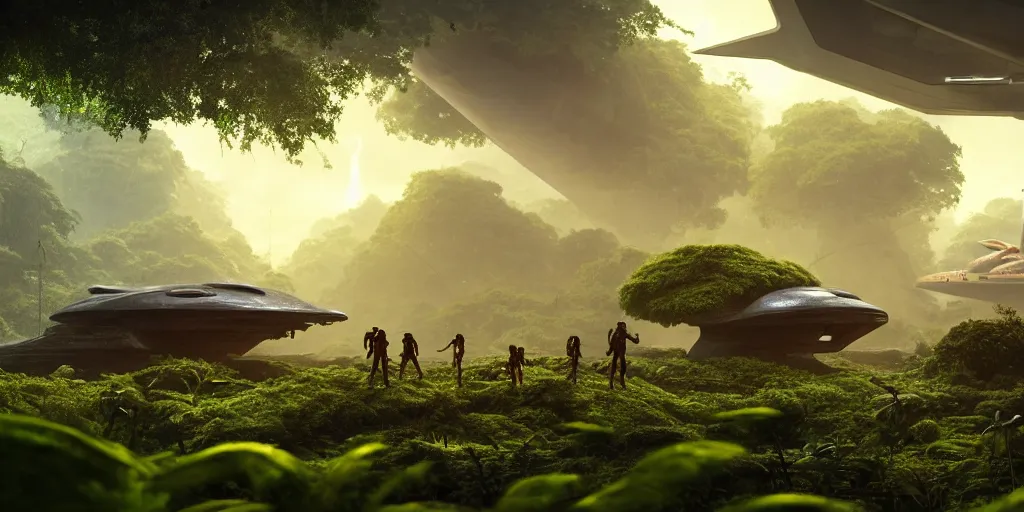 Image similar to a huge futuristic rusty old alien spaceship, next to it a smaller exploration ship on a landing pad, surrounded by a lush alen jungle, in the foreground two explorers are arguing next to tiny animals!!, the animals are walking around, dawn, volumetric light, hyperdetailed, artstation, cgsociety, 8k