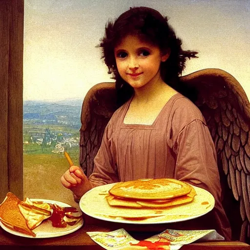 Prompt: an oil painting of an angel inside McDonald's eating pancakes, by Bouguereau, highly realistic and intricate